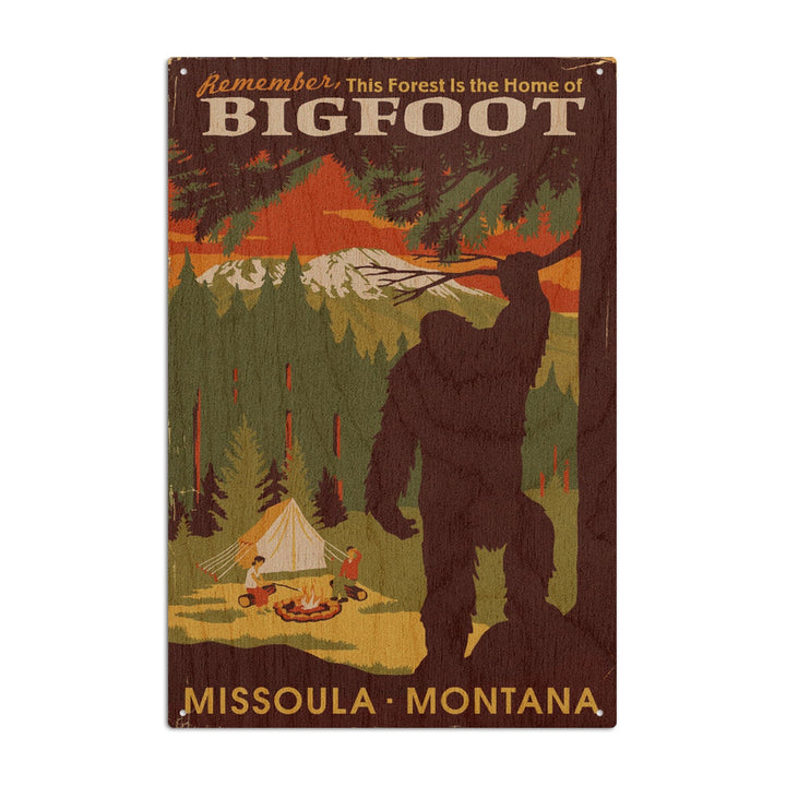 Missoula, Montana, Home of Bigfoot, WPA Style, Lantern Press Artwork, Wood Signs and Postcards Wood Lantern Press 10 x 15 Wood Sign 