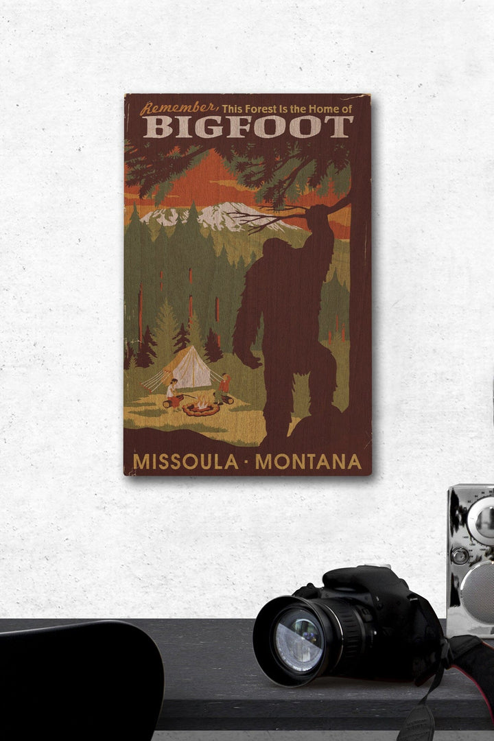 Missoula, Montana, Home of Bigfoot, WPA Style, Lantern Press Artwork, Wood Signs and Postcards Wood Lantern Press 12 x 18 Wood Gallery Print 