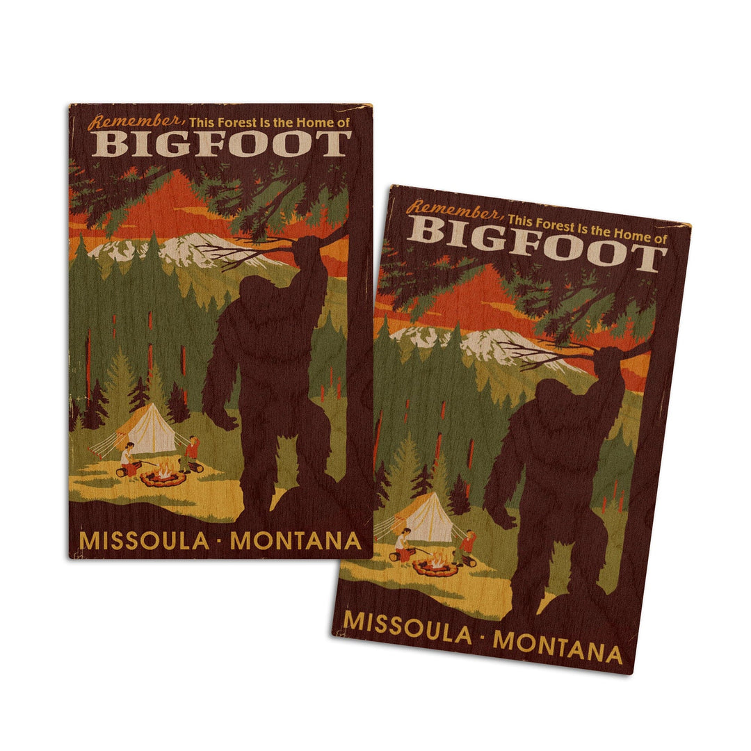Missoula, Montana, Home of Bigfoot, WPA Style, Lantern Press Artwork, Wood Signs and Postcards Wood Lantern Press 4x6 Wood Postcard Set 