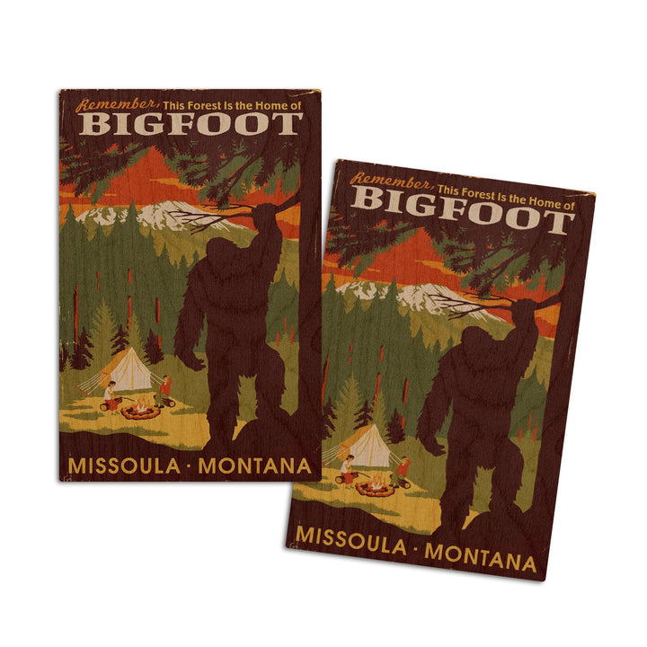 Missoula, Montana, Home of Bigfoot, WPA Style, Lantern Press Artwork, Wood Signs and Postcards Wood Lantern Press 4x6 Wood Postcard Set 
