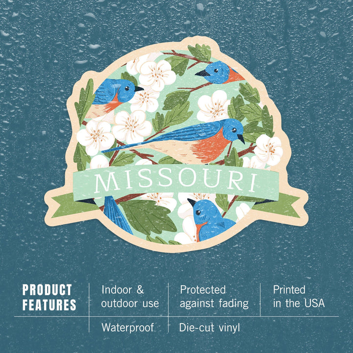 Missouri, State Bird and Flower Collection, Bluebird and Hawthorn Pattern, Contour, Vinyl Sticker Sticker Lantern Press 