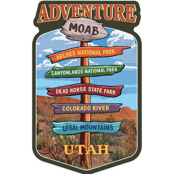 Moab, Utah, Destination Signpost, Contour, Vinyl Sticker Sticker Lantern Press 