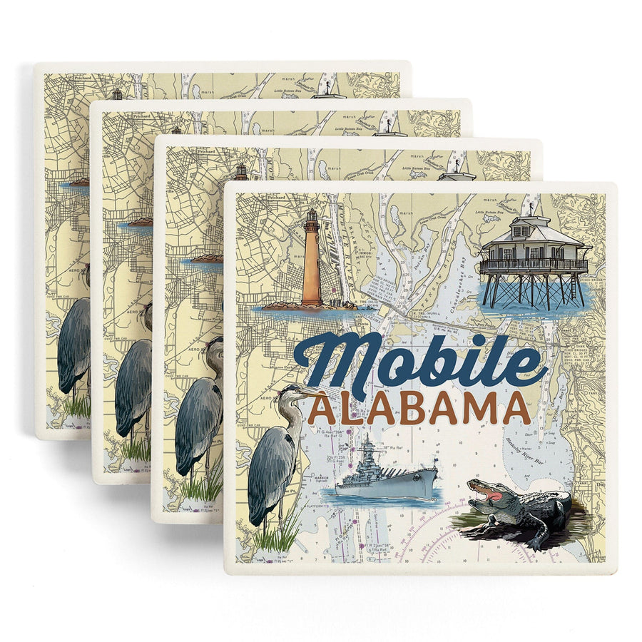 Mobile, Alabama, Nautical Chart, Lantern Press Poster, Coaster Set Coasters Lantern Press 