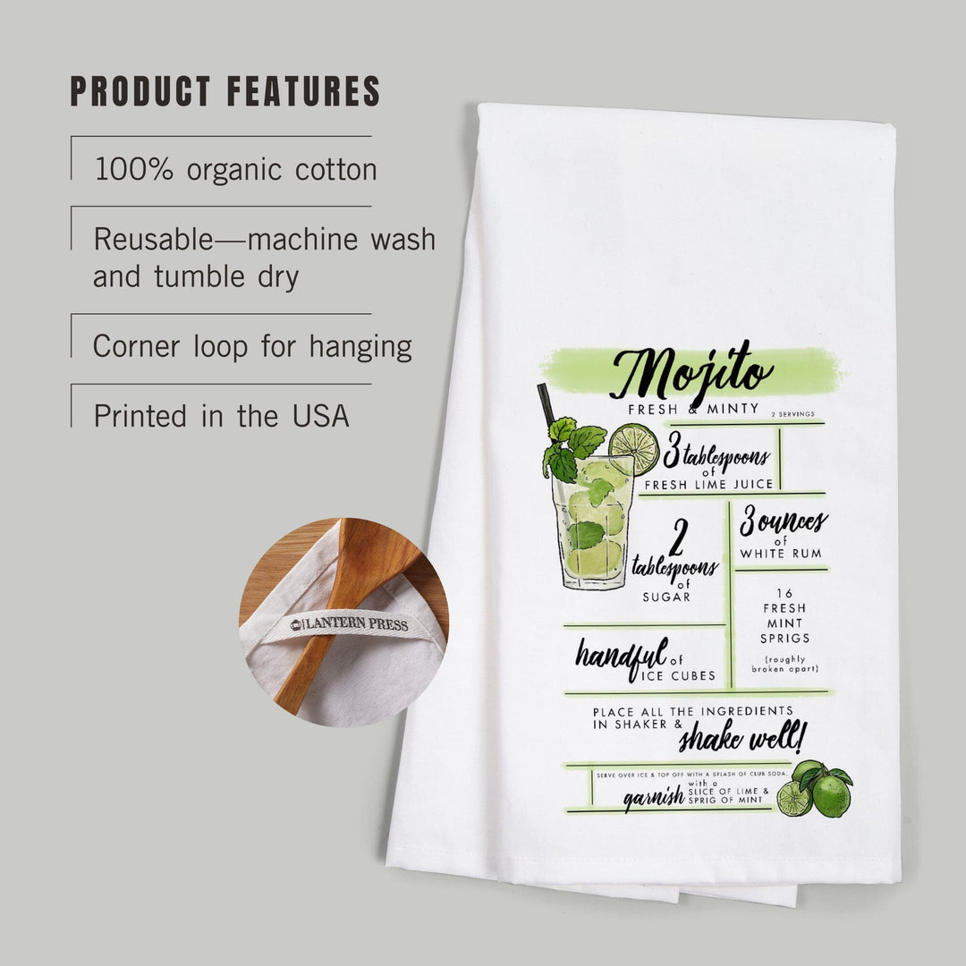 Mojito, Cocktail Recipe, Organic Cotton Kitchen Tea Towels Kitchen Lantern Press 