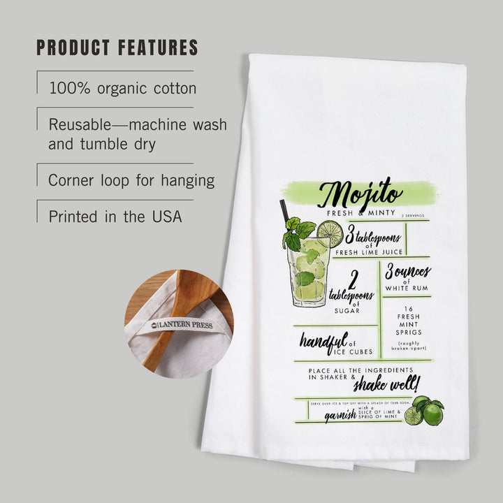 Mojito, Cocktail Recipe, Organic Cotton Kitchen Tea Towels Kitchen Lantern Press 