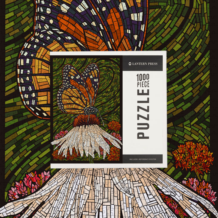 Monarch Butterfly, Paper Mosaic, Green Background, Jigsaw Puzzle Puzzle Lantern Press 