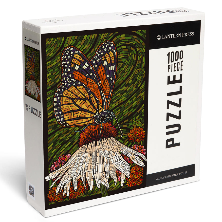 Monarch Butterfly, Paper Mosaic, Green Background, Jigsaw Puzzle Puzzle Lantern Press 