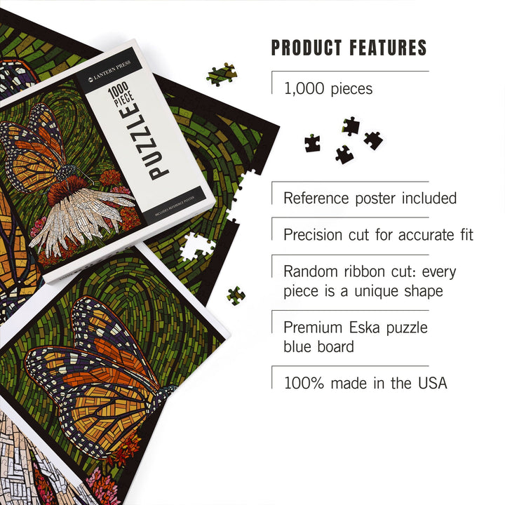 Monarch Butterfly, Paper Mosaic, Green Background, Jigsaw Puzzle Puzzle Lantern Press 
