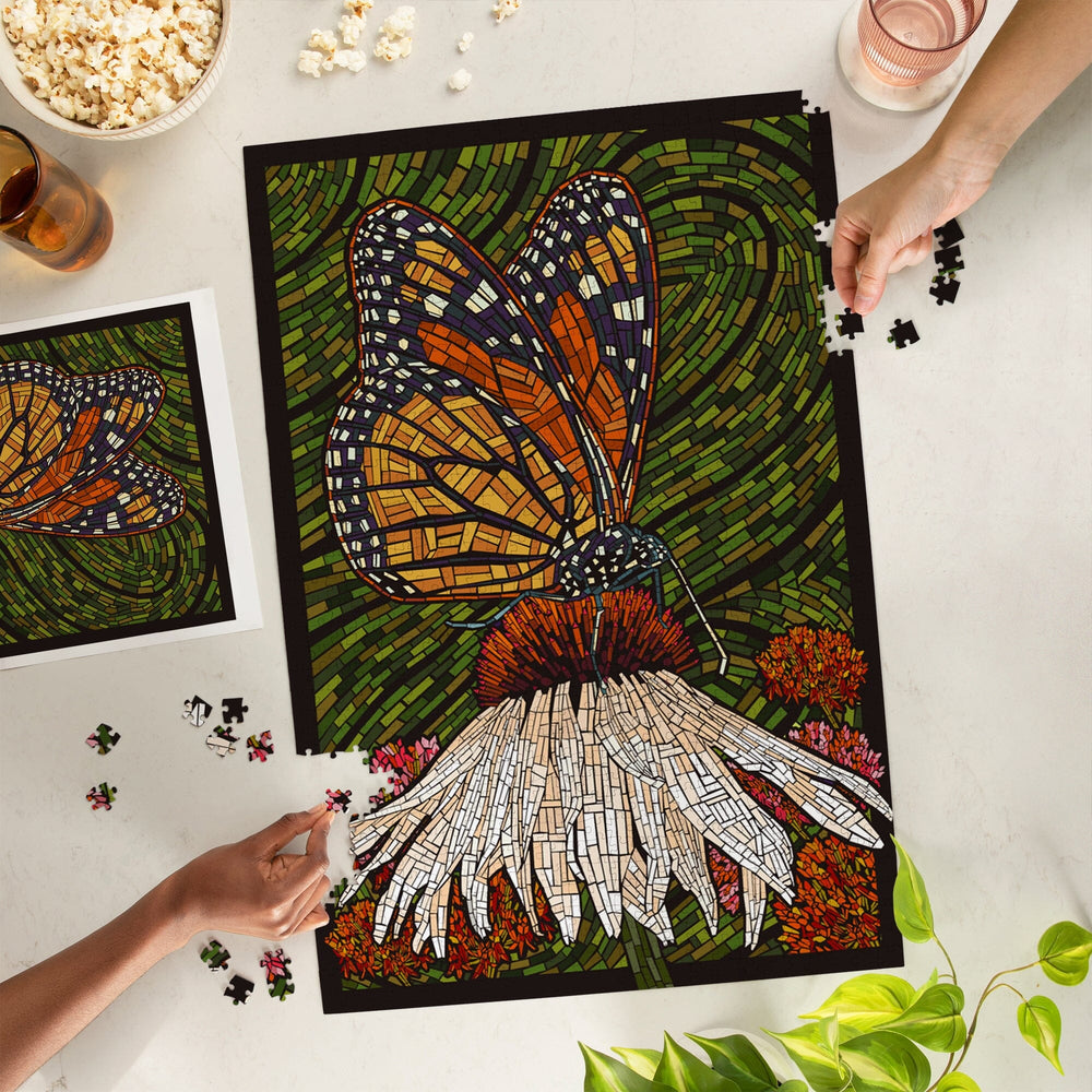 Monarch Butterfly, Paper Mosaic, Green Background, Jigsaw Puzzle Puzzle Lantern Press 