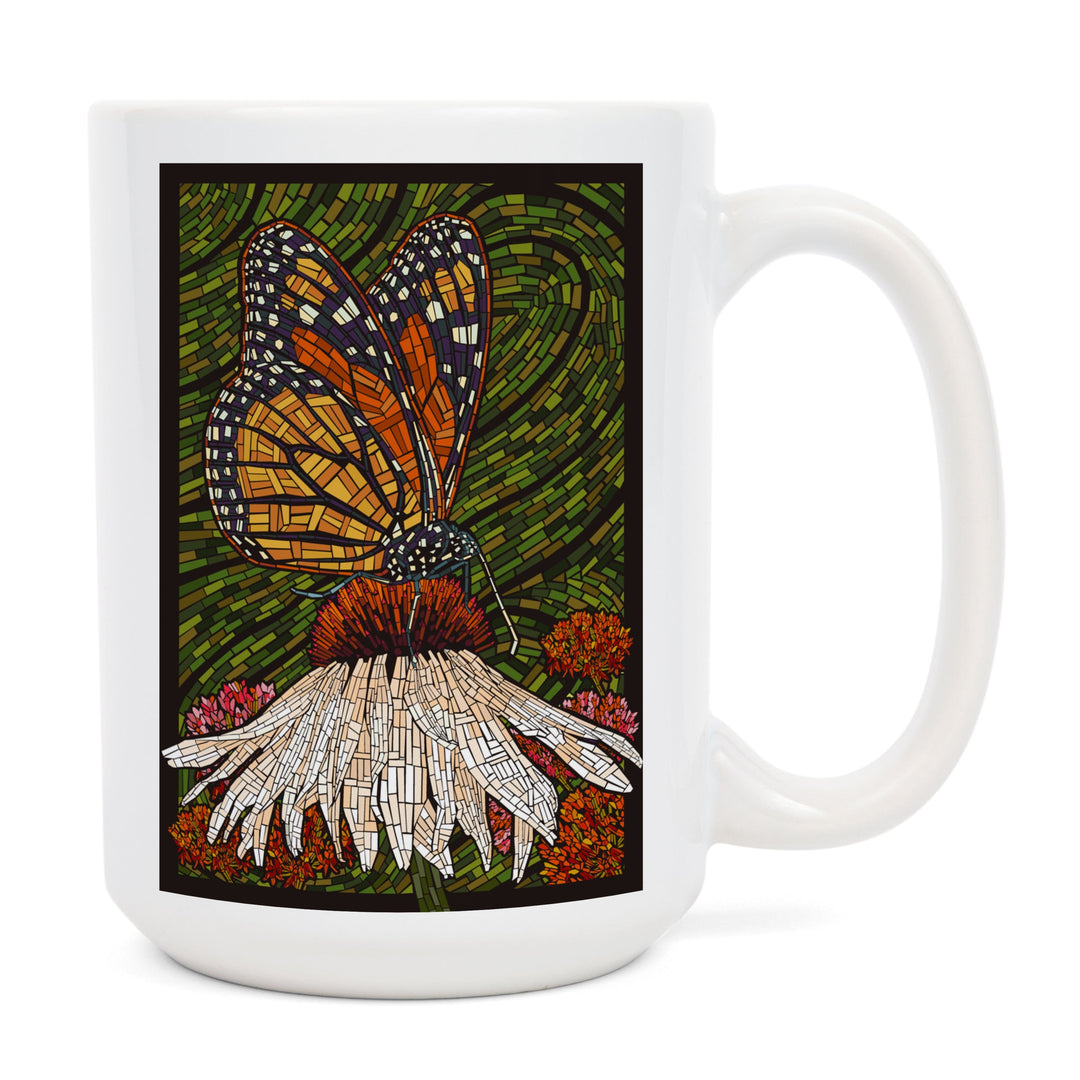 Monarch Butterfly, Paper Mosaic, Green Background, Lantern Press Poster, Ceramic Mug Mugs Lantern Press 