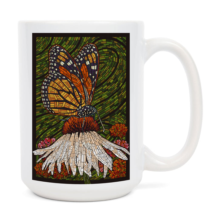 Monarch Butterfly, Paper Mosaic, Green Background, Lantern Press Poster, Ceramic Mug Mugs Lantern Press 