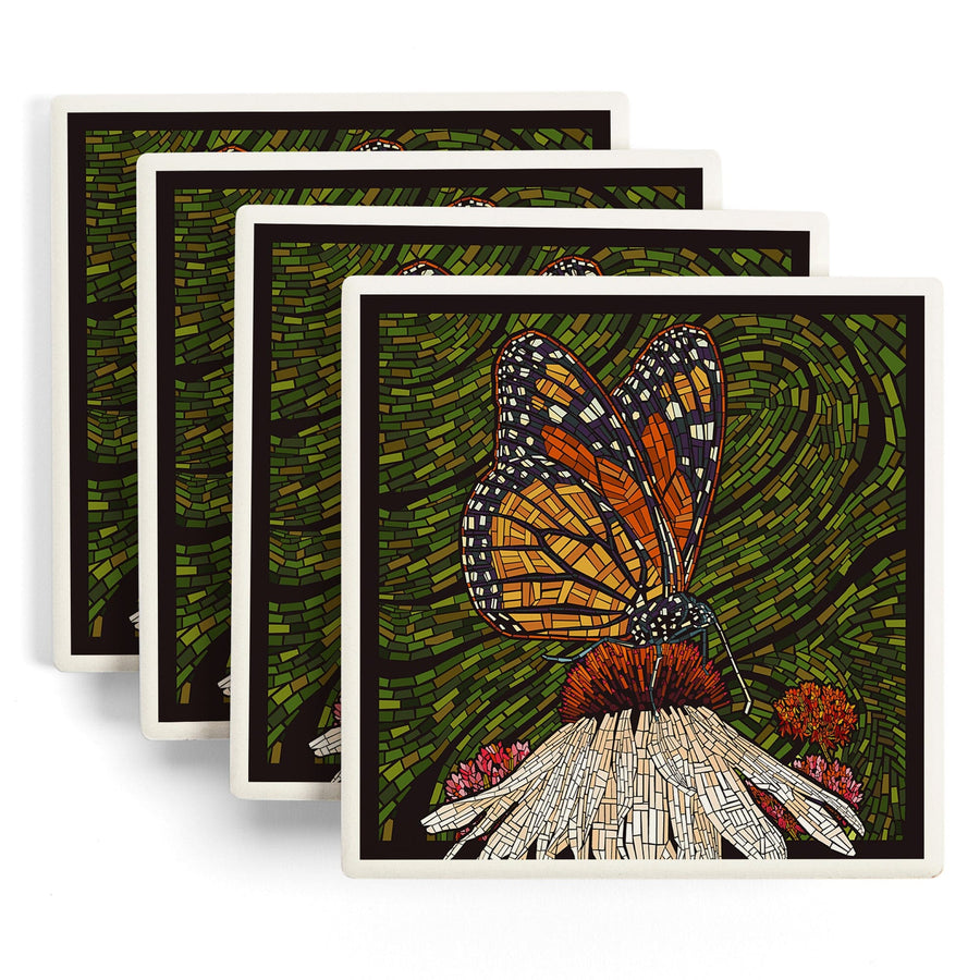 Monarch Butterfly, Paper Mosaic, Green Background, Lantern Press Poster, Coaster Set Coasters Lantern Press 