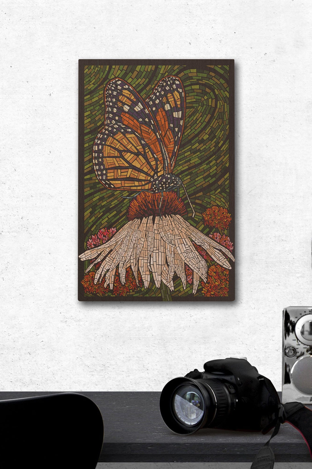 Monarch Butterfly, Paper Mosaic, Green Background, Lantern Press Poster, Wood Signs and Postcards Wood Lantern Press 12 x 18 Wood Gallery Print 