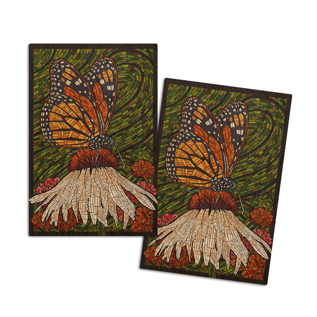 Monarch Butterfly, Paper Mosaic, Green Background, Lantern Press Poster, Wood Signs and Postcards Wood Lantern Press 4x6 Wood Postcard Set 
