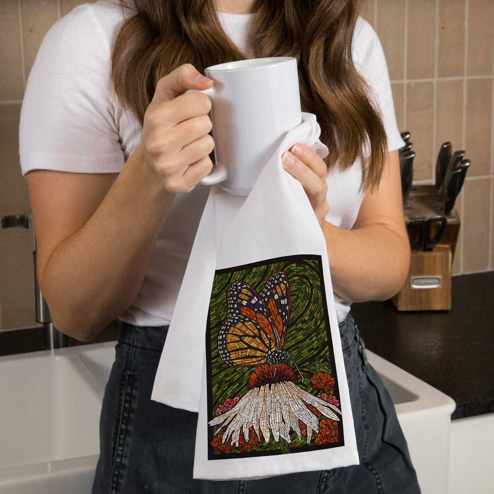 Monarch Butterfly, Paper Mosaic, Green Background, Organic Cotton Kitchen Tea Towels Kitchen Lantern Press 
