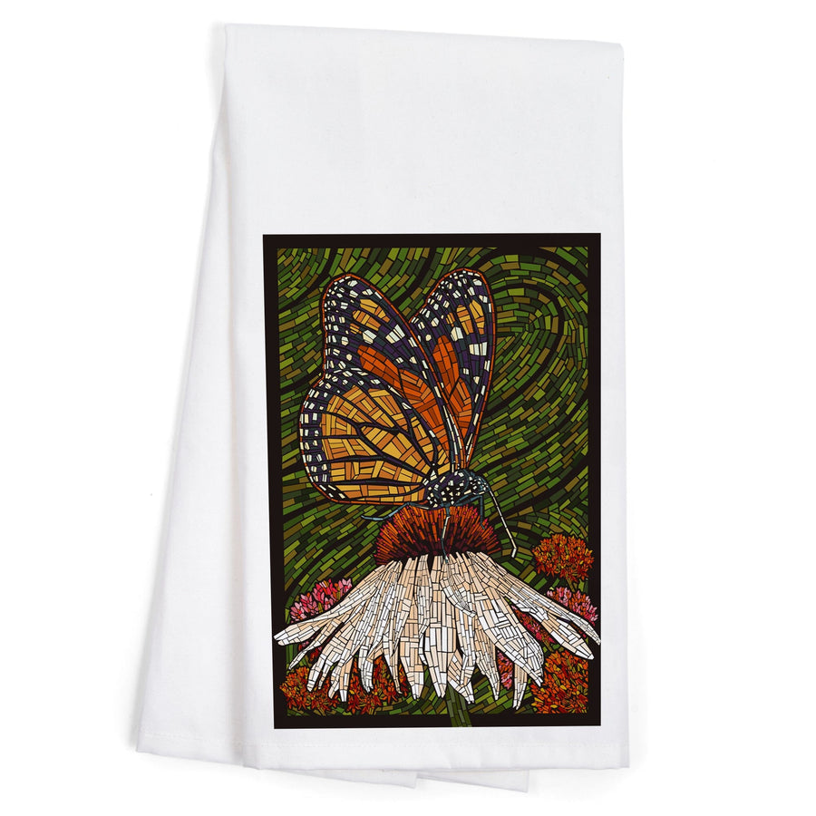 Monarch Butterfly, Paper Mosaic, Green Background, Organic Cotton Kitchen Tea Towels Kitchen Lantern Press 