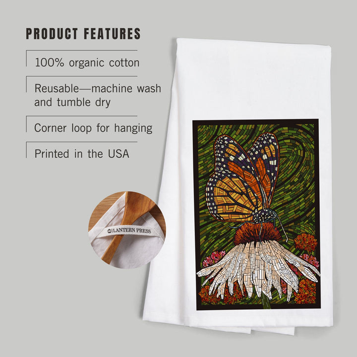 Monarch Butterfly, Paper Mosaic, Green Background, Organic Cotton Kitchen Tea Towels Kitchen Lantern Press 