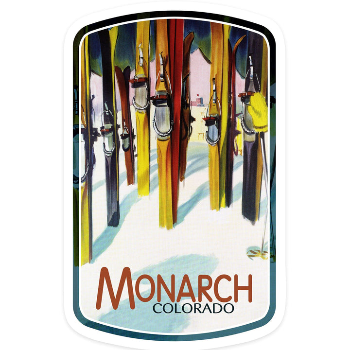 Monarch, Colorado, Colorful Skis, Contour, Vinyl Sticker Sticker Lantern Press 