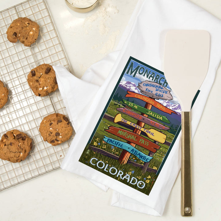 Monarch Crest, Colorado, Destination Signpost, Organic Cotton Kitchen Tea Towels Kitchen Lantern Press 
