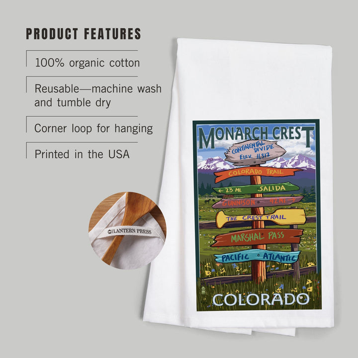 Monarch Crest, Colorado, Destination Signpost, Organic Cotton Kitchen Tea Towels Kitchen Lantern Press 