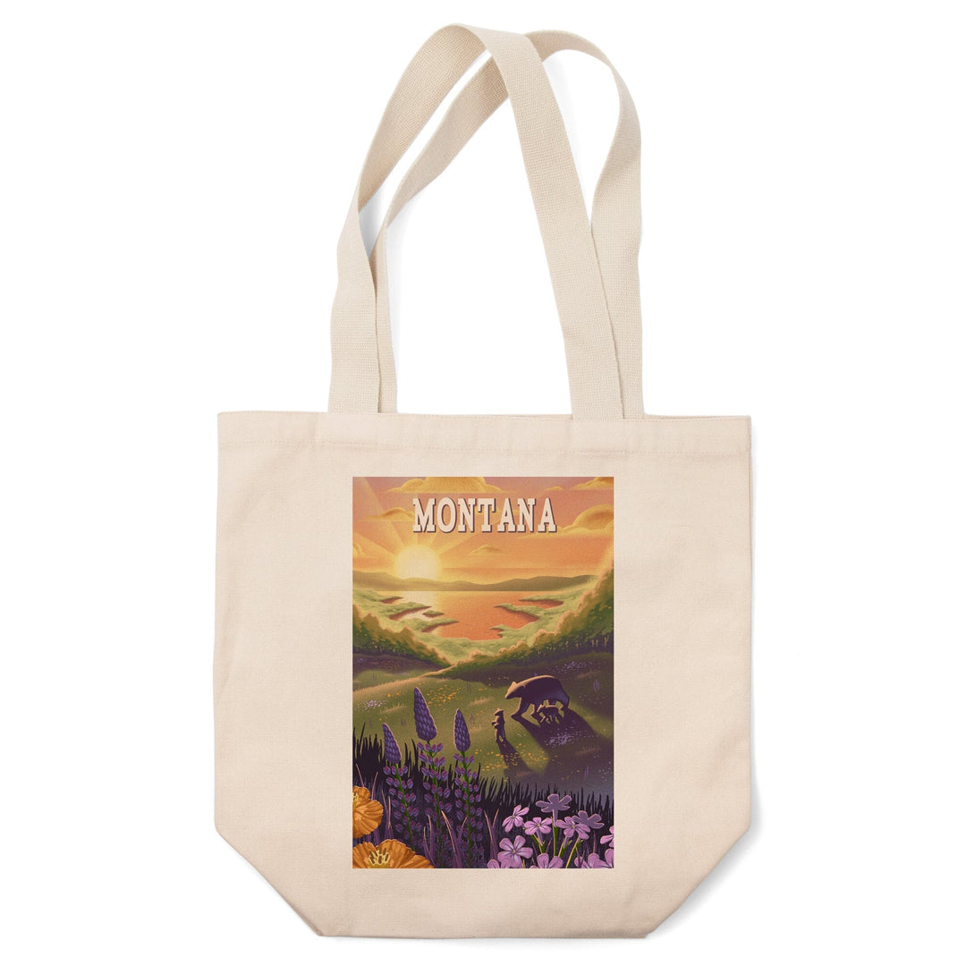 Montana, Bear and Spring Flowers, Lithograph, Tote Bag Totes Lantern Press 