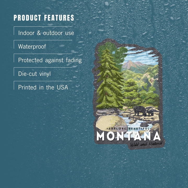 Montana, Bear Family and Creek, Contour, Vinyl Sticker Sticker Lantern Press 