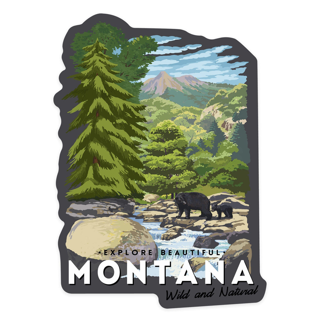 Montana, Bear Family and Creek, Contour, Vinyl Sticker Sticker Lantern Press 