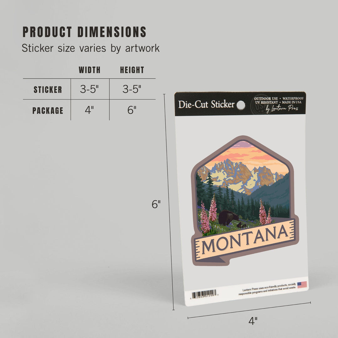 Montana, Bear & Spring Flowers, Contour, Lantern Press Artwork, Vinyl Sticker Sticker Lantern Press 
