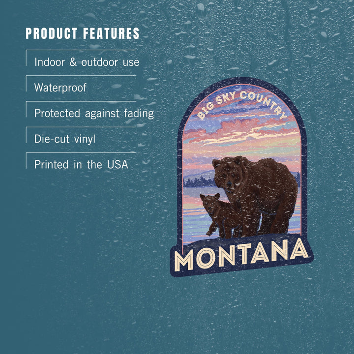 Montana, Big Sky Country, Bear and Cub, Contour, Lantern Press Artwork, Vinyl Sticker Sticker Lantern Press 
