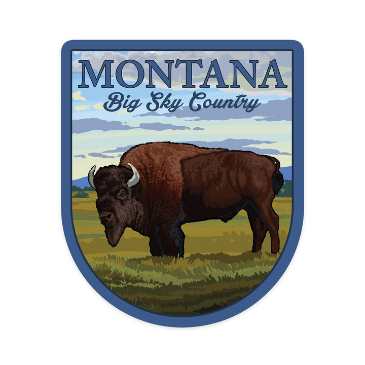 Montana, Big Sky Country, Bison Scene, Contour, Lantern Press Artwork, Vinyl Sticker Sticker Lantern Press 