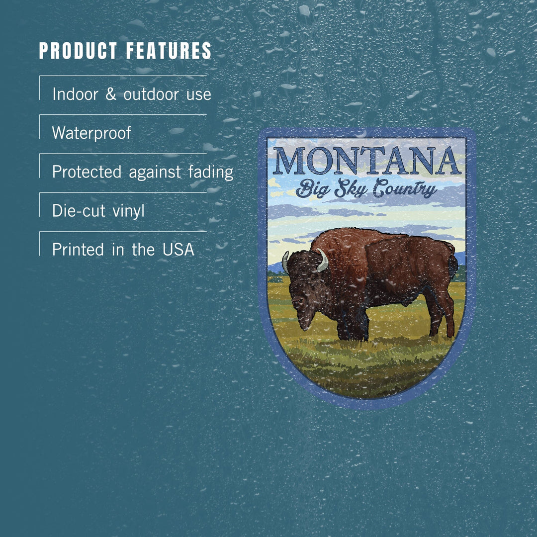 Montana, Big Sky Country, Bison Scene, Contour, Lantern Press Artwork, Vinyl Sticker Sticker Lantern Press 