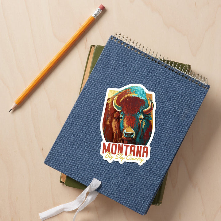 Montana, Big Sky Country, Bison, Vivid, Contour, Vinyl Sticker Sticker Lantern Press 