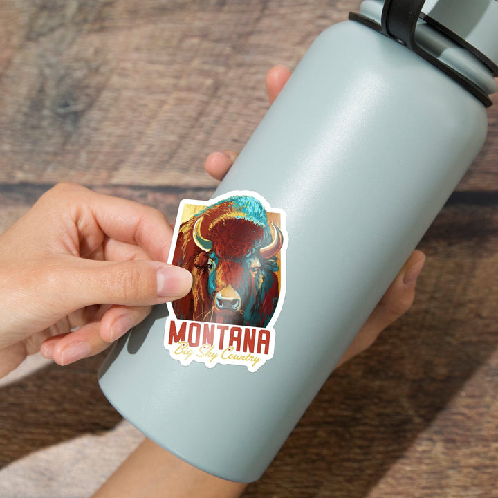 Montana, Big Sky Country, Bison, Vivid, Contour, Vinyl Sticker Sticker Lantern Press 