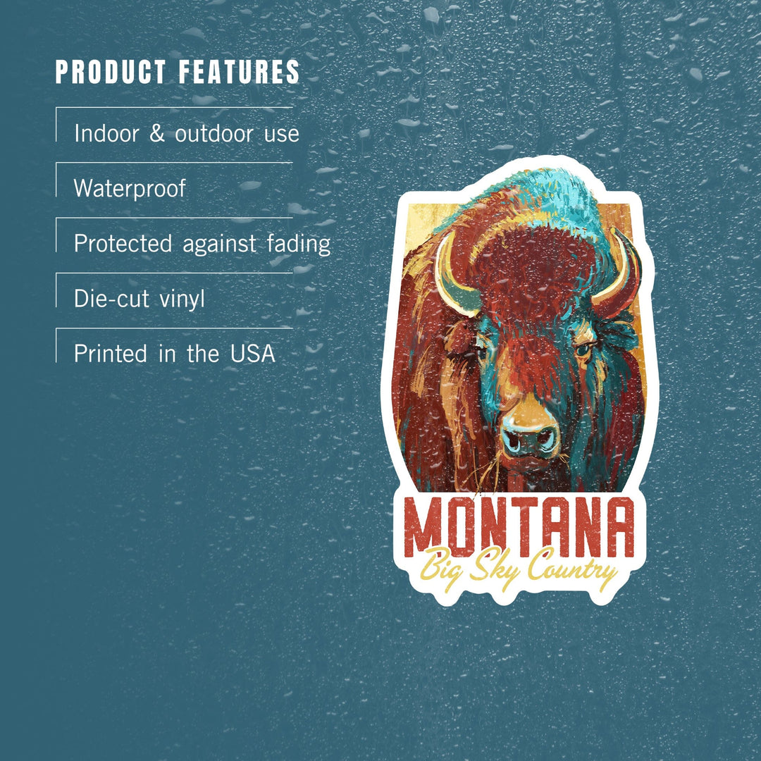 Montana, Big Sky Country, Bison, Vivid, Contour, Vinyl Sticker Sticker Lantern Press 