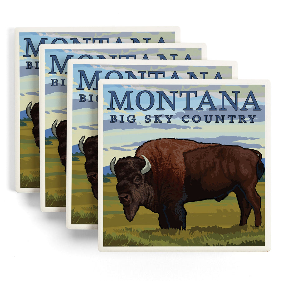 Montana, Bison, Lantern Press Artwork, Coaster Set Coasters Lantern Press 