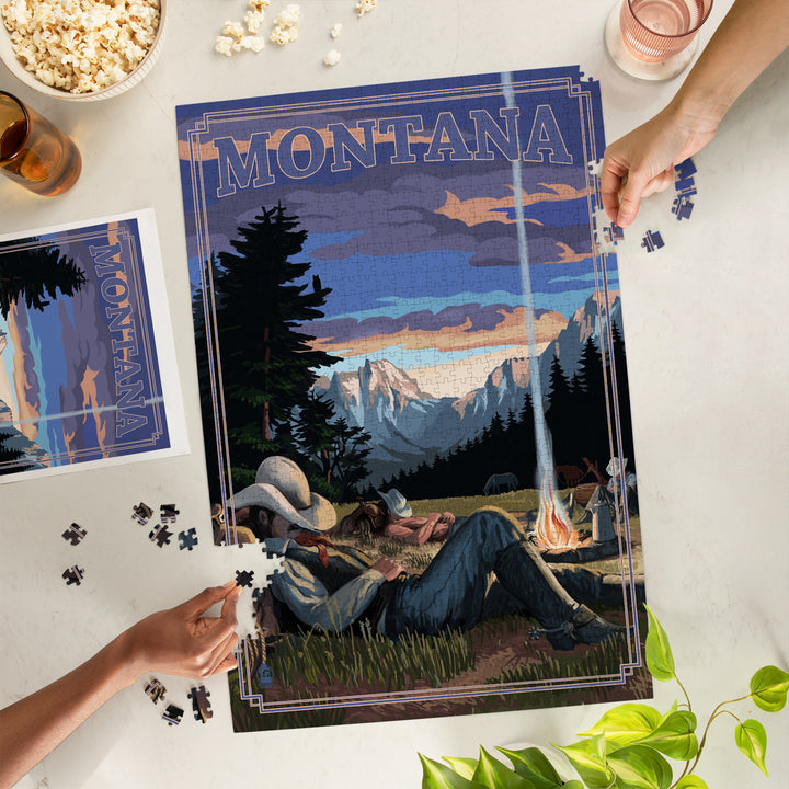 Montana, Cowboy Camping Night Scene, Jigsaw Puzzle Puzzle Lantern Press 