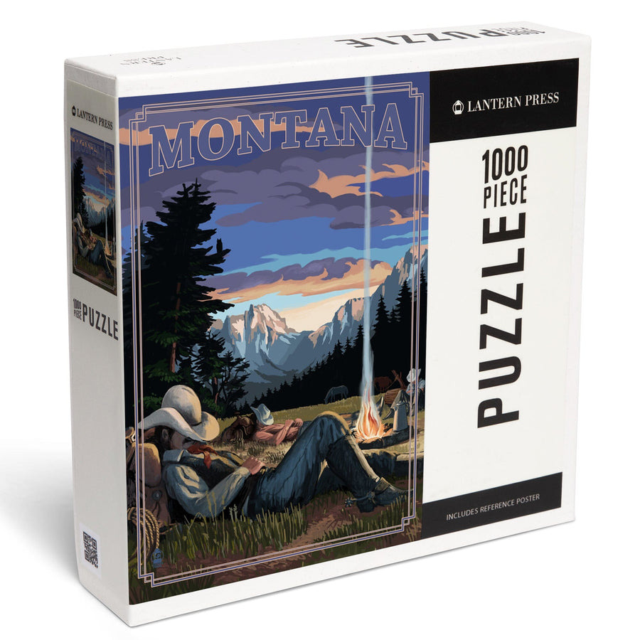 Montana, Cowboy Camping Night Scene, Jigsaw Puzzle Puzzle Lantern Press 