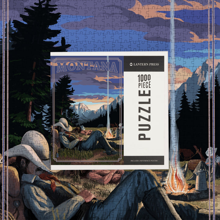 Montana, Cowboy Camping Night Scene, Jigsaw Puzzle Puzzle Lantern Press 