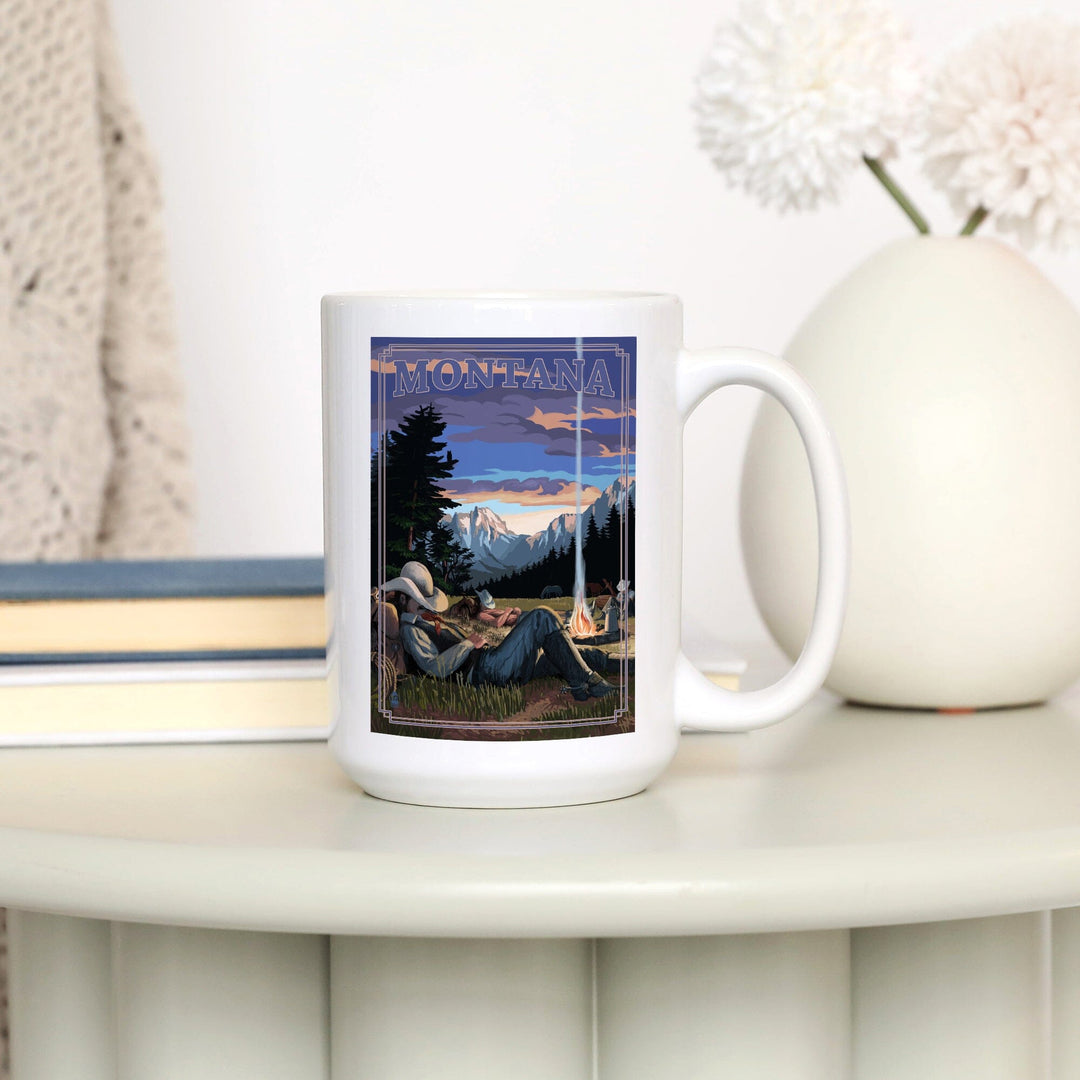 Montana, Cowboy Camping Night Scene, Lantern Press Artwork, Ceramic Mug Mugs Lantern Press 