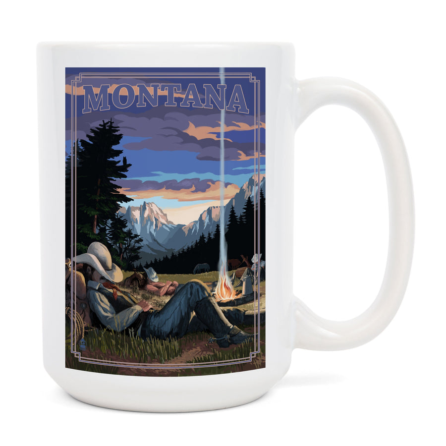 Montana, Cowboy Camping Night Scene, Lantern Press Artwork, Ceramic Mug Mugs Lantern Press 