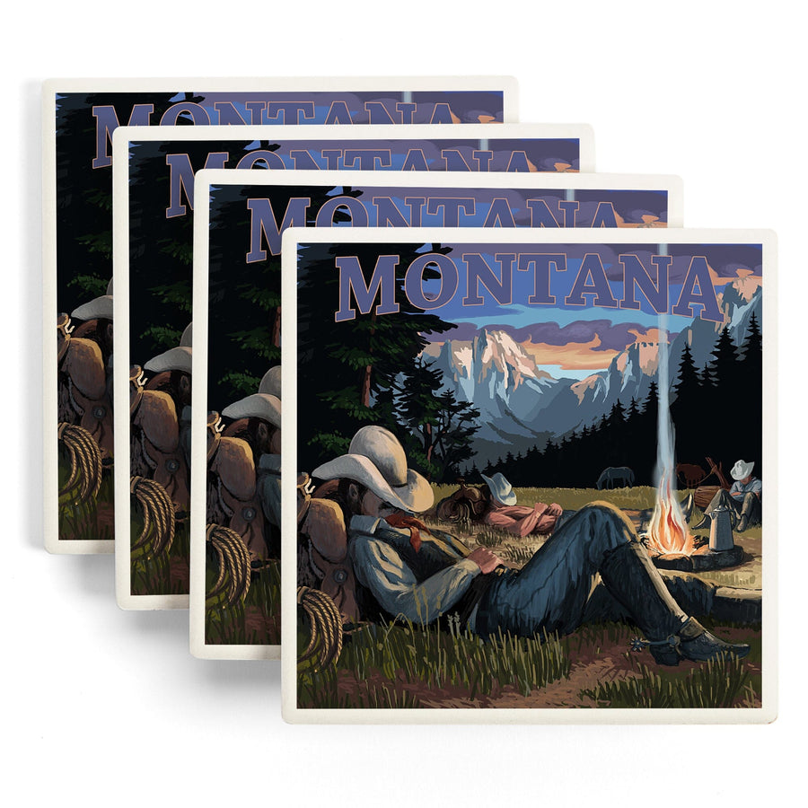 Montana, Cowboy Camping Night Scene, Lantern Press Artwork, Coaster Set Coasters Lantern Press 