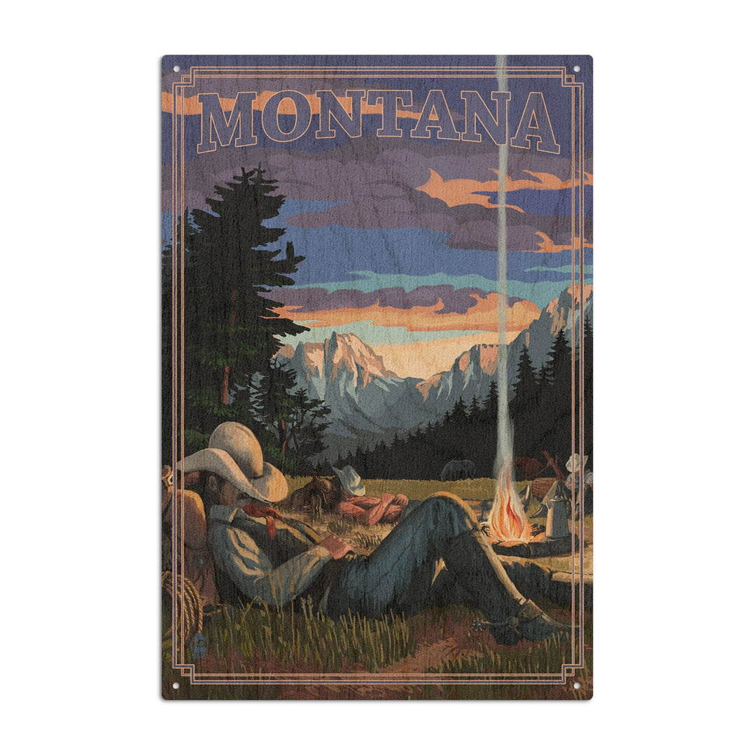 Montana, Cowboy Camping Night Scene, Lantern Press Artwork, Wood Signs and Postcards Wood Lantern Press 10 x 15 Wood Sign 