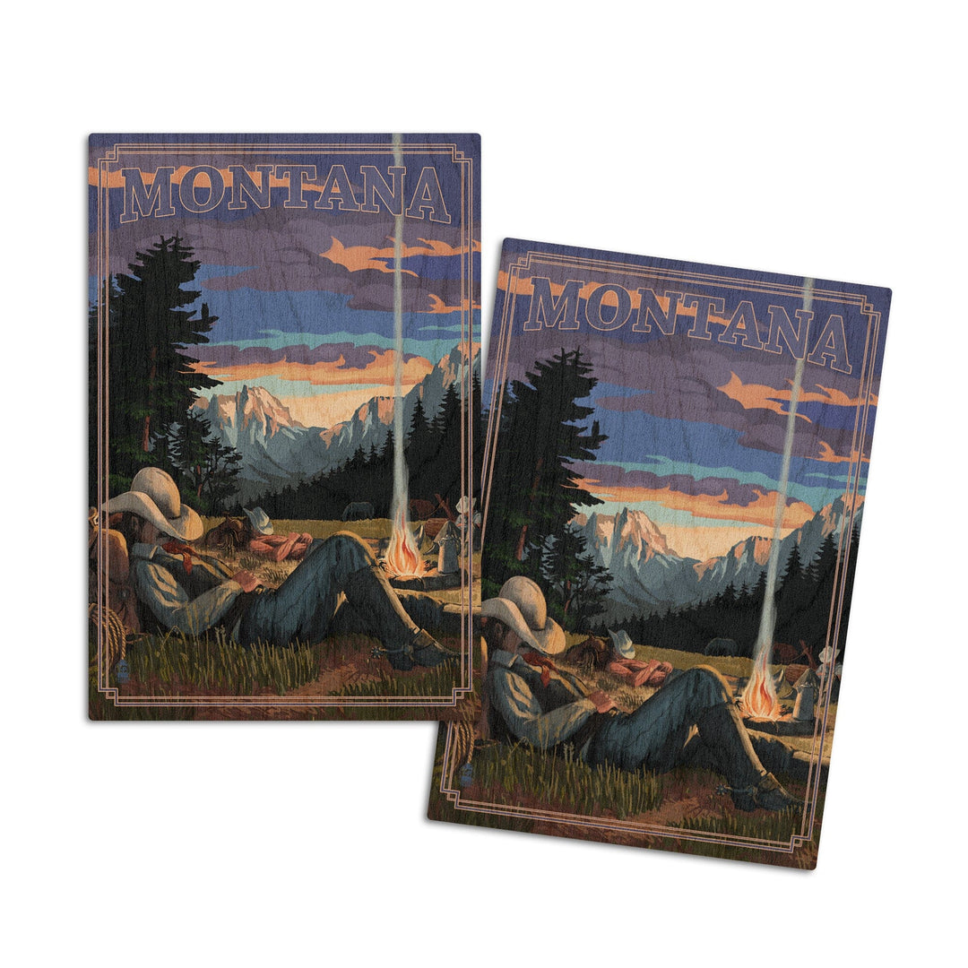 Montana, Cowboy Camping Night Scene, Lantern Press Artwork, Wood Signs and Postcards Wood Lantern Press 4x6 Wood Postcard Set 