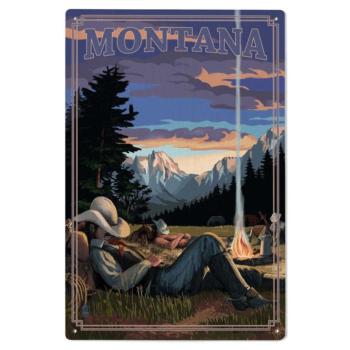 Montana, Cowboy Camping Night Scene, Lantern Press Artwork, Wood Signs and Postcards Wood Lantern Press 
