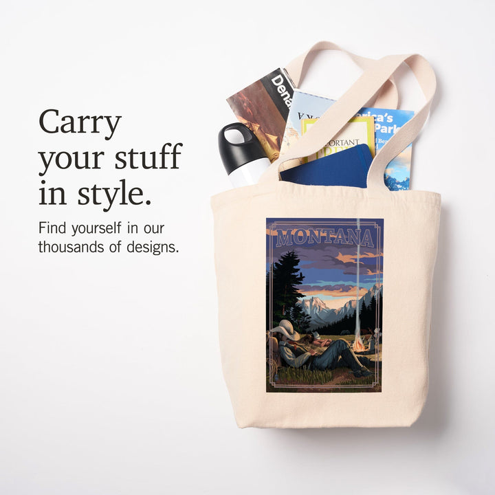 Montana, Cowboy Camping Night Scene, Tote Bag Totes Lantern Press 