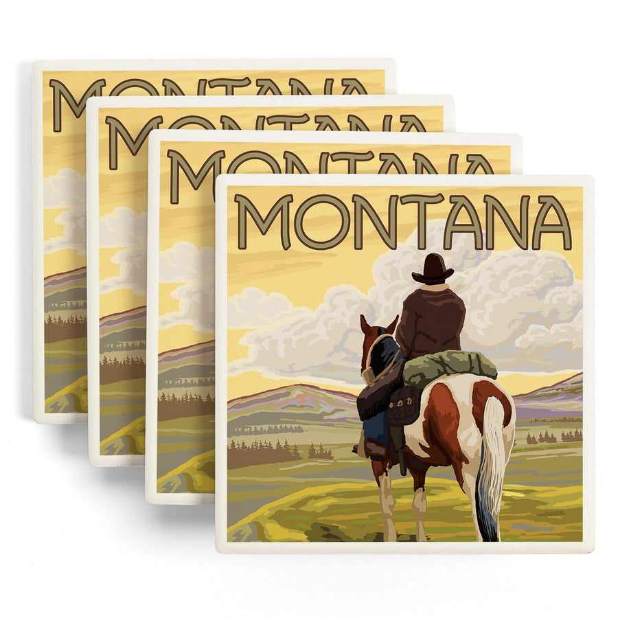 Montana, Cowboy & Horse, Lantern Press Artwork, Coaster Set Coasters Lantern Press 