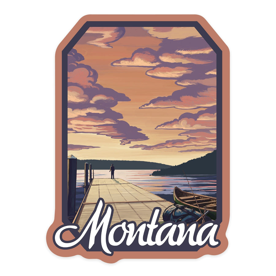 Montana, Dock Scene and Lake, Contour, Vinyl Sticker Sticker Lantern Press 