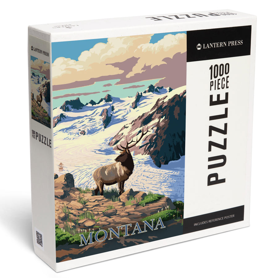 Montana, Elk and Snowy Mountain, Jigsaw Puzzle Puzzle Lantern Press 