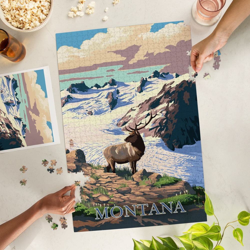 Montana, Elk and Snowy Mountain, Jigsaw Puzzle Puzzle Lantern Press 