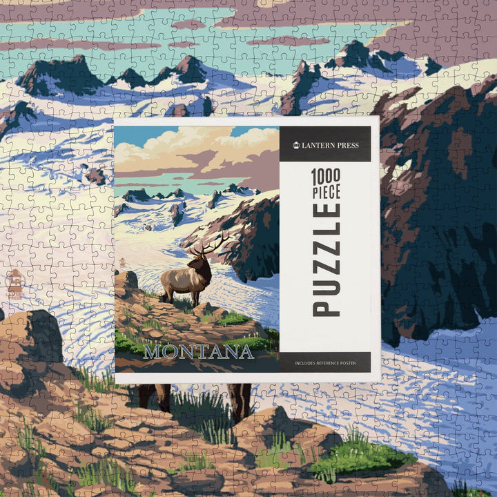 Montana, Elk and Snowy Mountain, Jigsaw Puzzle Puzzle Lantern Press 